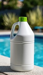Obraz premium Blank white plastic jug with green cap on poolside surface