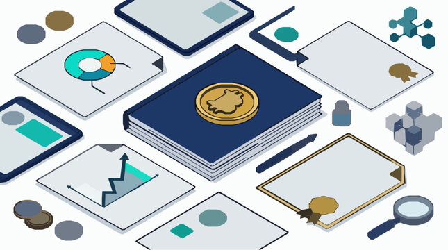 Cryptocurrency financial data analysis flat isometric vector set with bitcoin book charts graphs documents and coins