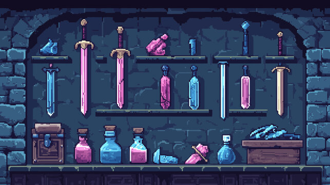 Pixel art image of a fantasy potion pharmacy with colorful bottles and swords