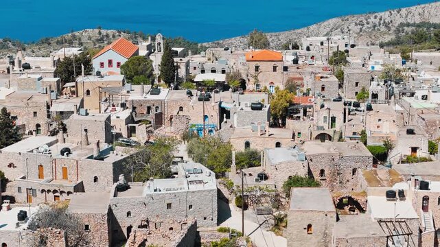 Aerial old village on Greek Chios island, ancient architecture