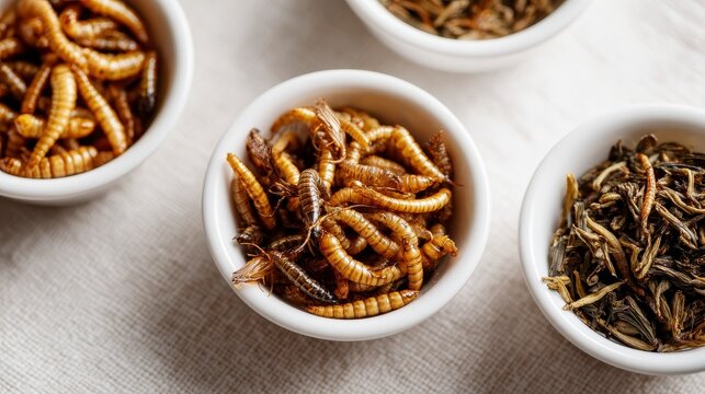 Three bowls of crickets and mealworms on a white surface for entomophagy