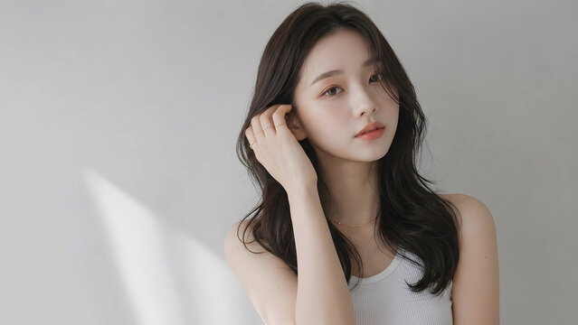おしゃれなカットモデル女性の自然光ポートレート　韓国風ヘアメイク
