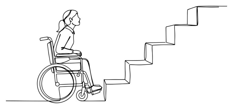 Woman in a wheelchair looking at steps representing accessibility barriers and physical limitations in continuous line art style