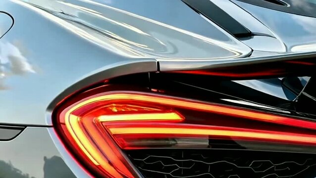 The silver vehicle displays a sleek rear design, featuring sharp lines, a distinctive spoiler, and vibrant, illuminated tail lights against a blurred, natural backdrop.