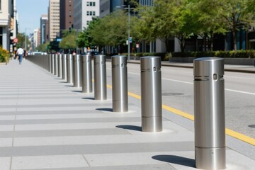 Naklejka premium Sleek metal bollards line a modern city sidewalk next to a busy road. Buildings and trees form a city landscape with clean public space. Pedestrians walk on paved path.