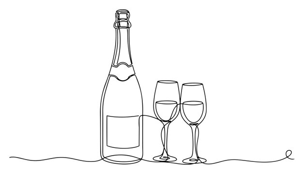Champagne bottle and two sparkling wine glasses on a horizontal surface in elegant continuous line art style