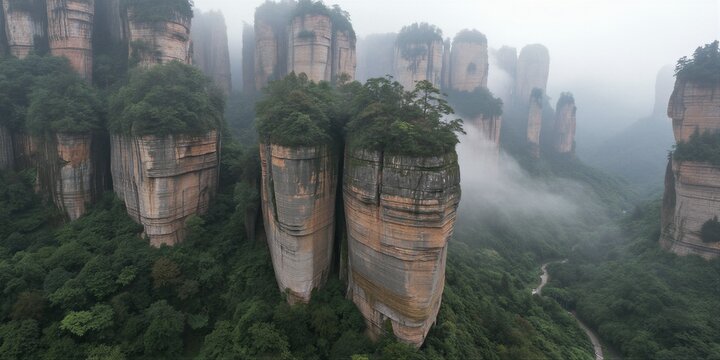 Majestic sandstone pillars rise from Zhangjiajie's emerald forest, shrouded in mystical morning mist.