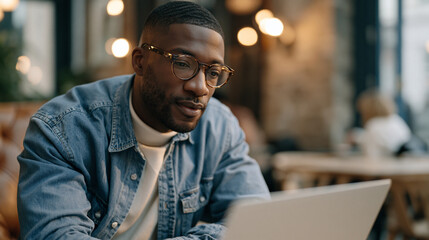 Naklejka premium Remote worker activating encrypted VPN connection on personal laptop in busy urban coworking cafe, privacy screen protector limiting viewing angles of sensitive corporate data, candid unposed moment