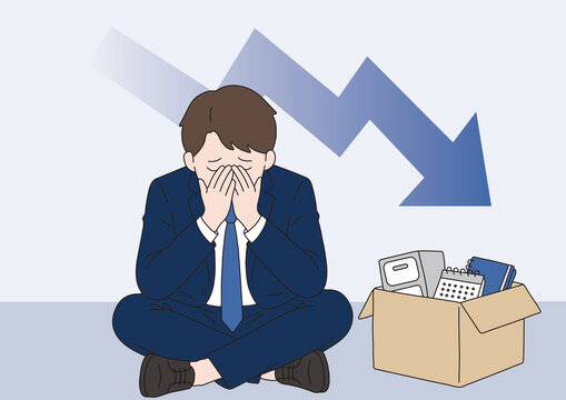 解雇されたビジネスマンの挫折と荷物箱 経済下落 グラフィック素材 / Fired office worker with belongings box and declining arrow graphic / 실직 후 좌절하는 직장인과 하락 화살표 경제 불황 그래픽