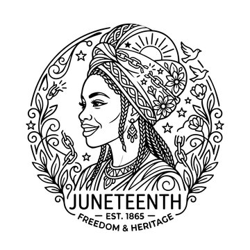 Vector illustration of an African woman portrait for Juneteenth, symbolizing freedom, heritage, culture and empowerment, isolated on a transparent background