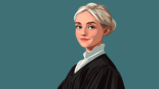 Digital illustration of a mature woman with short, silver hair, dressed in judicial robes against a teal background