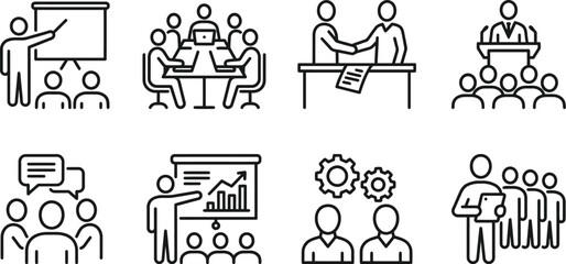 Fototapeta premium Business Meeting and Corporate Training Vector Line Icons Set