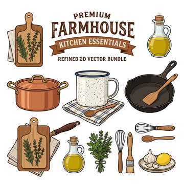 Farmhouse kitchen essentials illustration set for cooking and baking