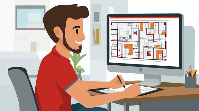 Illustration of a man designing a building layout on a computer