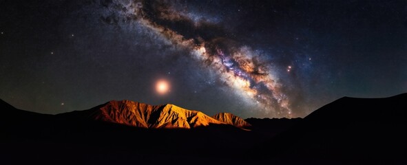 Obraz premium Vast night sky with bright Milky Way galaxy over illuminated mountain range. Distant planet glows near starry expanse. Dark cosmic landscape.