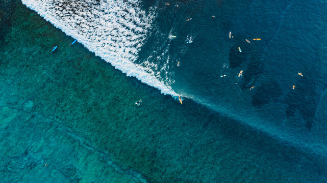 Drone view of perfect surf break over a tropical coral reef