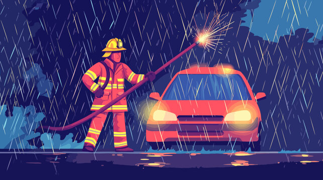 Firefighter extinguishing car in heavy rain with flashlight