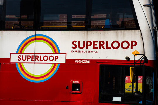 Transport For London, TfL Superloop Express Bus Network Branding Concentric Roundel Logo, Uxbridge Station, London, United Kingdom - May 2026