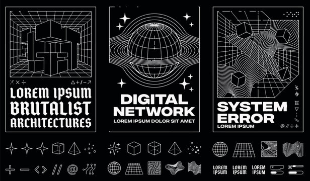 Retro futuristic brutalist posters set with wireframe geometric elements digital grid sphere stars abstract tech web icons vector illustration