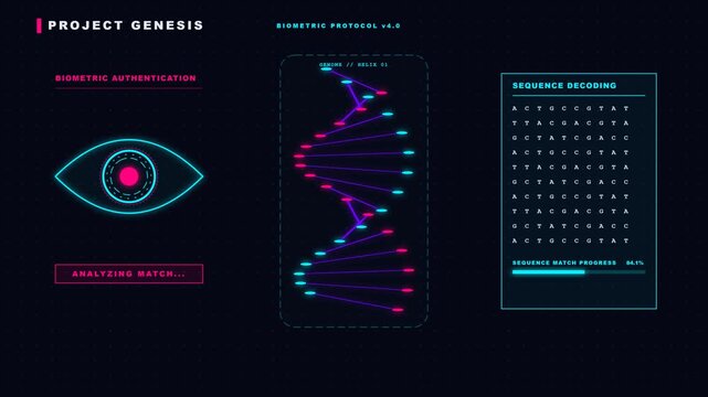 Sci-fi biometric DNA genomic sequencing dashboard animation