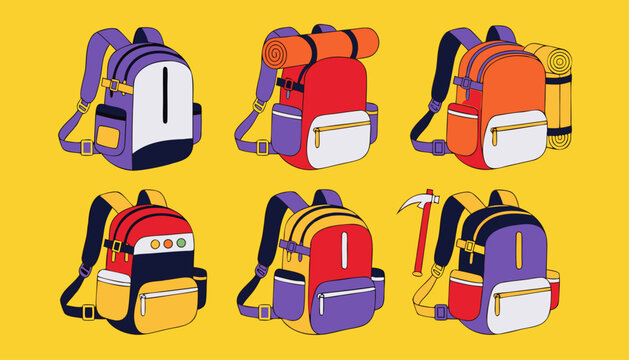 Very beautiful collection of adventure backpacks featuring modern outdoor designs, practical details, colorful materials, and travel-ready functionality, isolated on a bright background in premium vec
