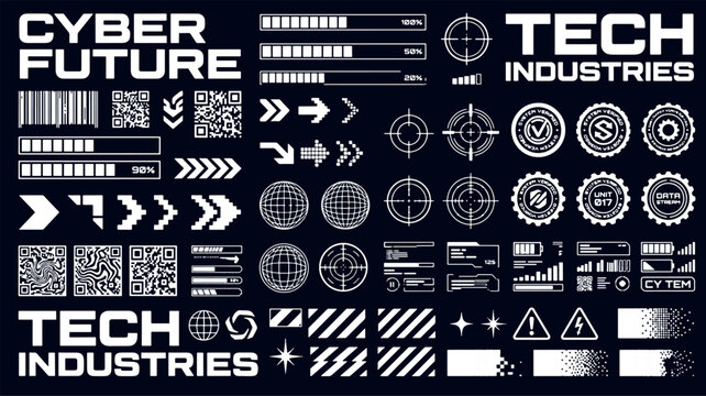 Futuristic cyber tech ui design elements hud interface control panel icons loading bars qr codes tech industries vector illustration