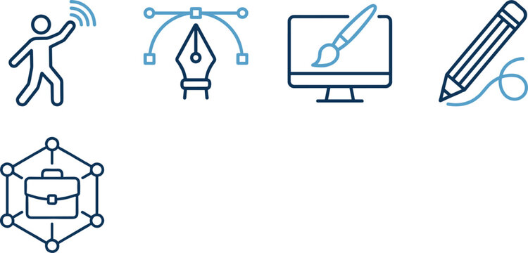 Creative design and digital illustration icon collection vector illustration featuring graphic tools drawing software networking and artistic workflow symbols