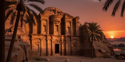 Fototapeta premium The Monastery of Saint Anthony, a Coptic Orthodox rock-cut monastery in Egypt's desert landscape, is bathed in warm golden-hour lighting.