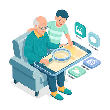 Young man helping senior man with mobile phone technology education