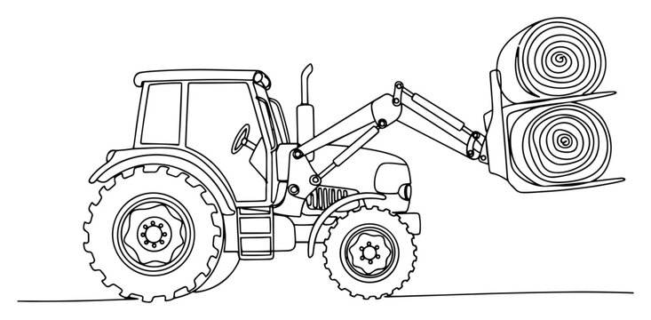 Tractor with front loader lifting round hay bales in continuous line art style