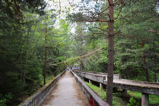 Entrance of the abandoned Olympic bobsleigh track on Mount Trebevic near Sarajevo Bosnia and Herzegovina