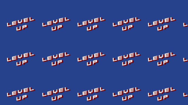 Animated Level Up text with isometric 3D effect and shadow on blue . Bold yellow and red gaming typography creates achievement notification. For game UI, progress indicators.
