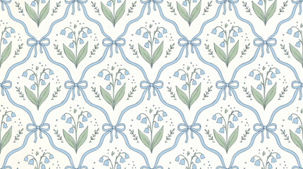 Seamless vintage floral damask pattern with delicate blue lily of the valley flowers and elegant ribbon bows vector illustration © Kanon Islam