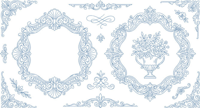 Elegant vintage baroque frame and ornate line art border set with classic decorative elements for certificate wedding invitation vector illustration