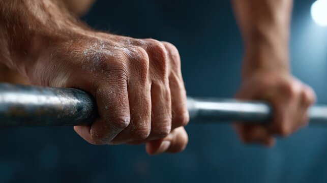Close-up of chalk-covered hands gripping a barbell in a dark, moody gym