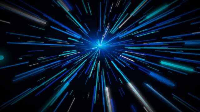 Seamless looping 3D blue data stream light trails hyperspace animation