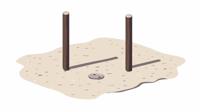 Minimalistic sandpit with two wooden posts and a disc