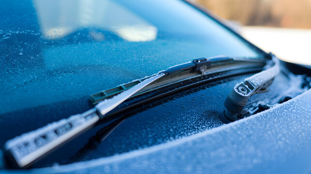 A close-up view of a car's windshield wiper covered in frost and ice on a cold winter morning