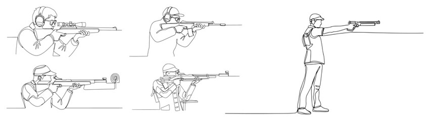 Athletes aiming and shooting with rifles and pistols in various stances in continuous line art style © Katarzyna