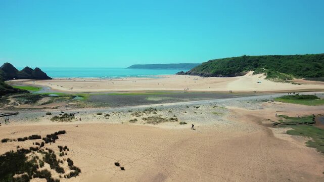 view of the Three Cliffs Bay in Wales - drone flight