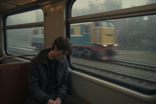 A person sits on a train, wearing dark gray clothing, looking down at their hands as rain patters against the window outside.