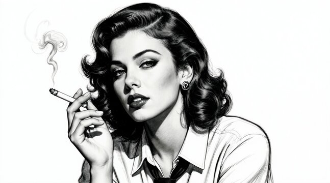Elegant woman with styled hair smokes cigarette. She wears a white shirt and tie. Smoke curls upwards from the cigarette. Black and white illustration.