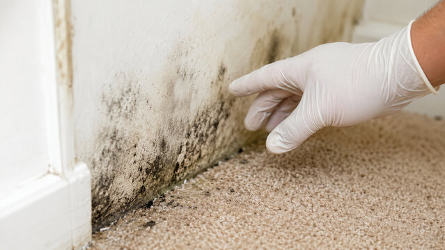 A gloved hand inspecting black mold growth on a white wall near a carpeted floor.