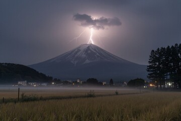 Obraz premium A dramatic lightning strike illuminates Mount Fuji's snow-capped peak on a stormy winter night in Japan.