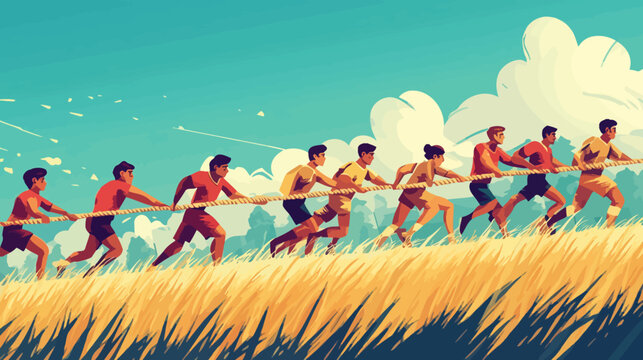 Group of individuals pulling a rope in a field under a cloudy sky