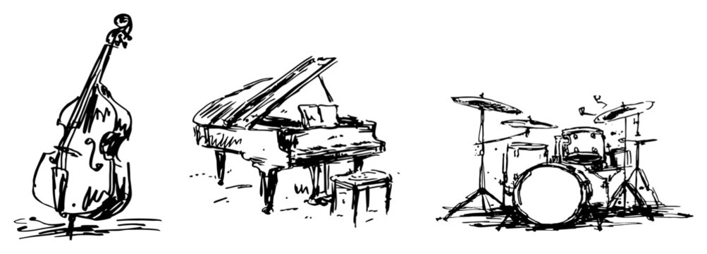 Classical musical instruments set featuring cello grand piano and drum kit in hand drawn sketch style