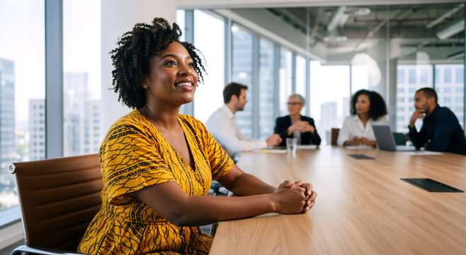 Smiling woman sitting at conference table. Diverse team meeting in modern office