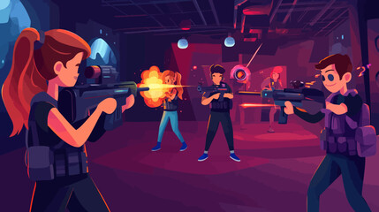 Fototapeta premium Animated characters engaged in a laser tag game in a vibrant, futuristic indoor setting