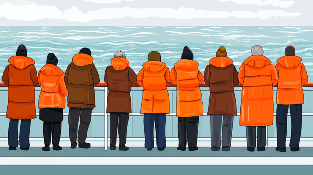 Group of nine people in bright orange and dark brown winter coats on a boat deck looking at the ocean