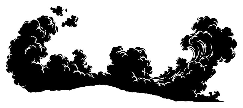 Stylized smoke clouds and waves in traditional japanese comic style